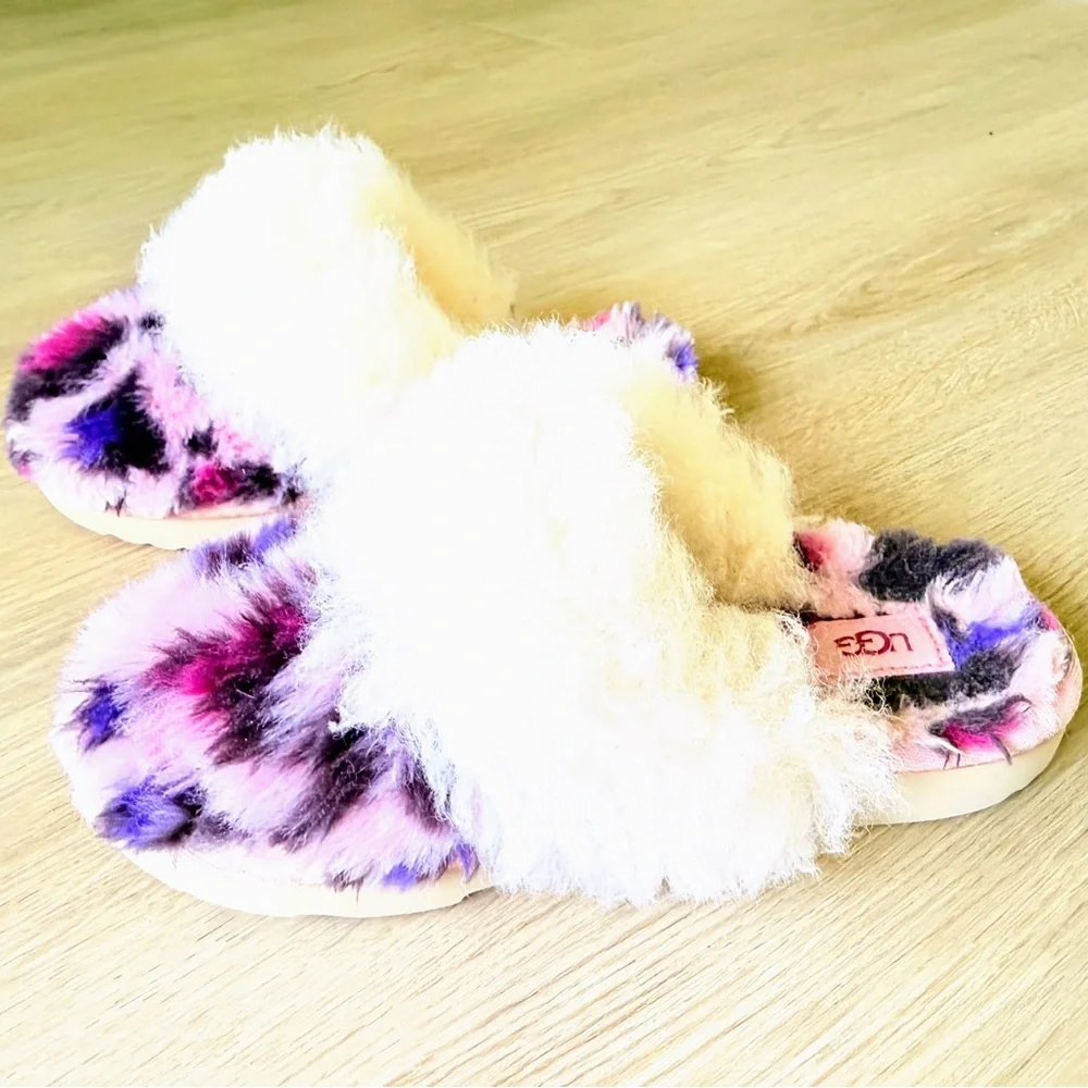 UGG Fluff Yeah Slide Slippers Kids Size 2 Pink Purple Tie Dye Shearling